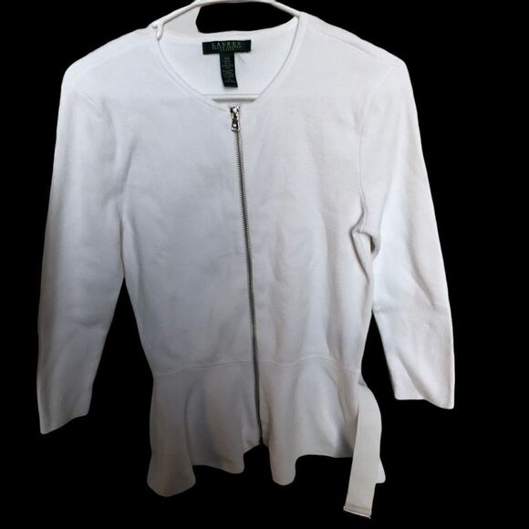 Lauren Ralph Lauren beautiful white long sleeve cardigan sweater w/ belt PM NWOT - Picture 1 of 9